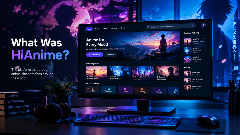 HiAnime anime streaming platform interface on a modern laptop
