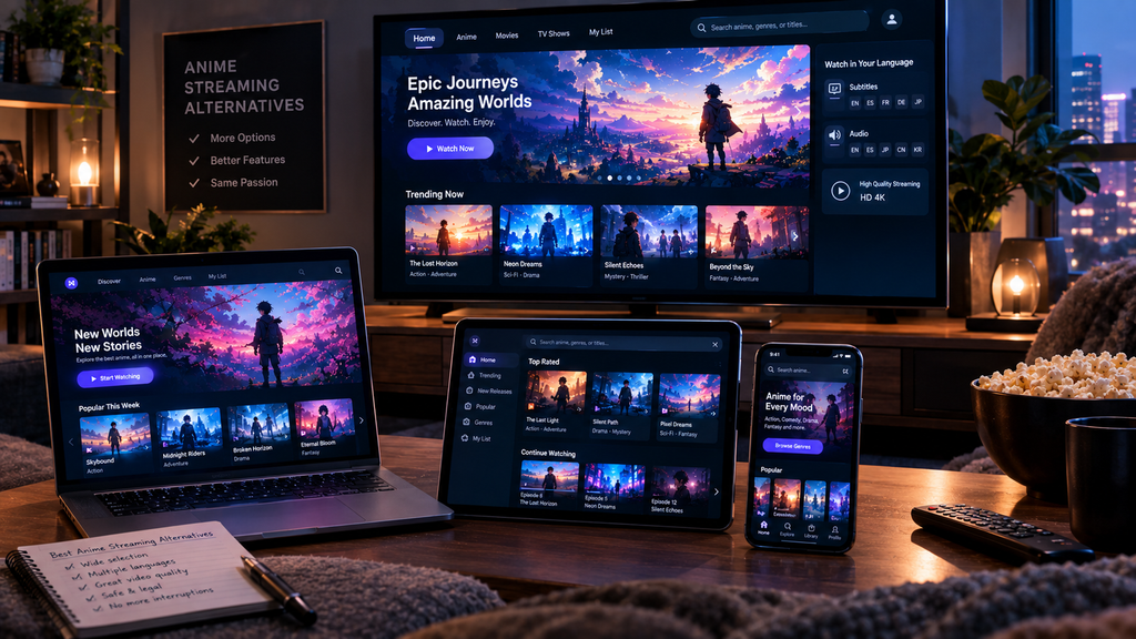 Anime streaming alternatives displayed on multiple digital devices